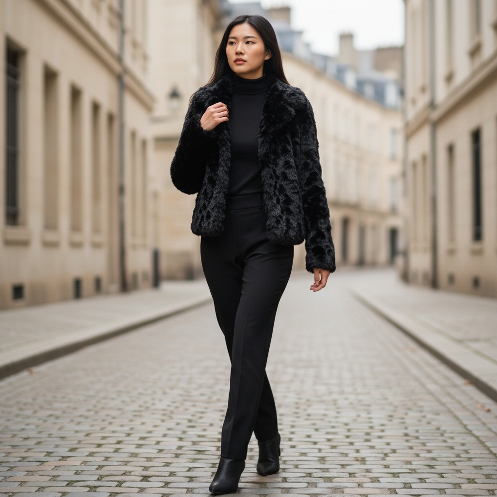 Cejon Luxe Faux Fur Black Cropped Jacket